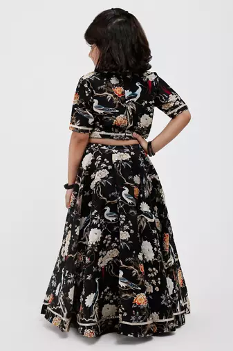 Black floral printed chanderi lehenga