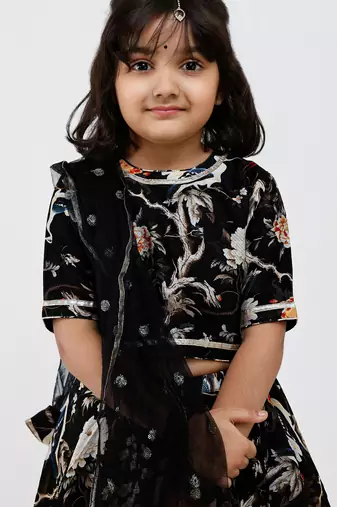 Black floral printed chanderi lehenga