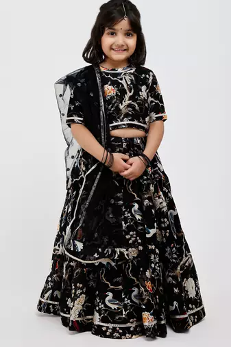 Black floral printed chanderi lehenga