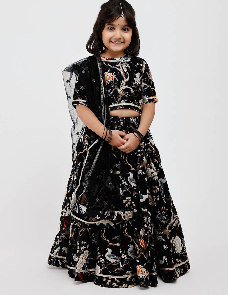 Black floral printed chanderi lehenga