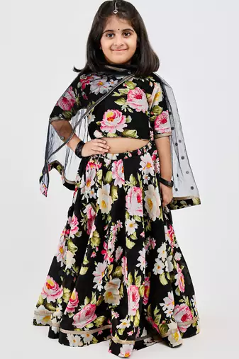 Black floral printed chanderi lehenga