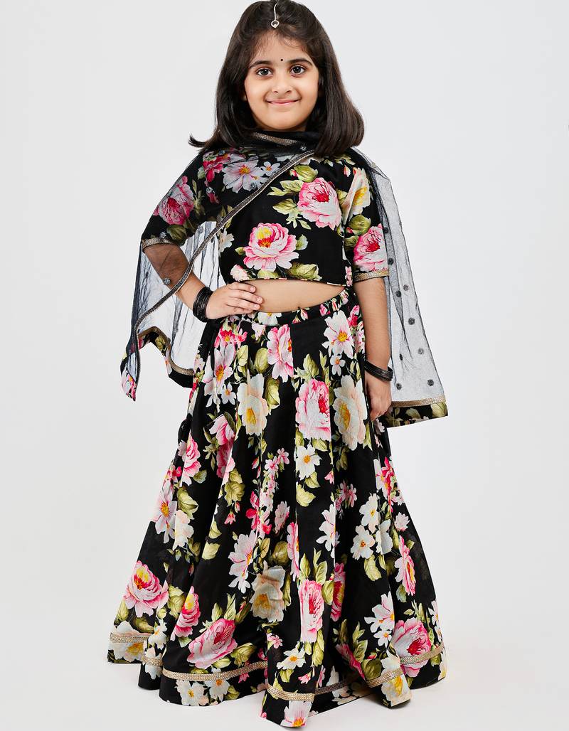 Black floral printed chanderi lehenga