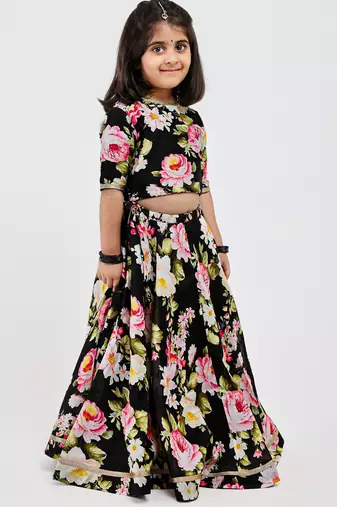 Black floral printed chanderi lehenga