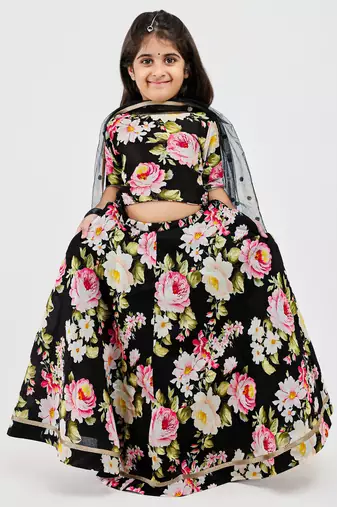 Black floral printed chanderi lehenga