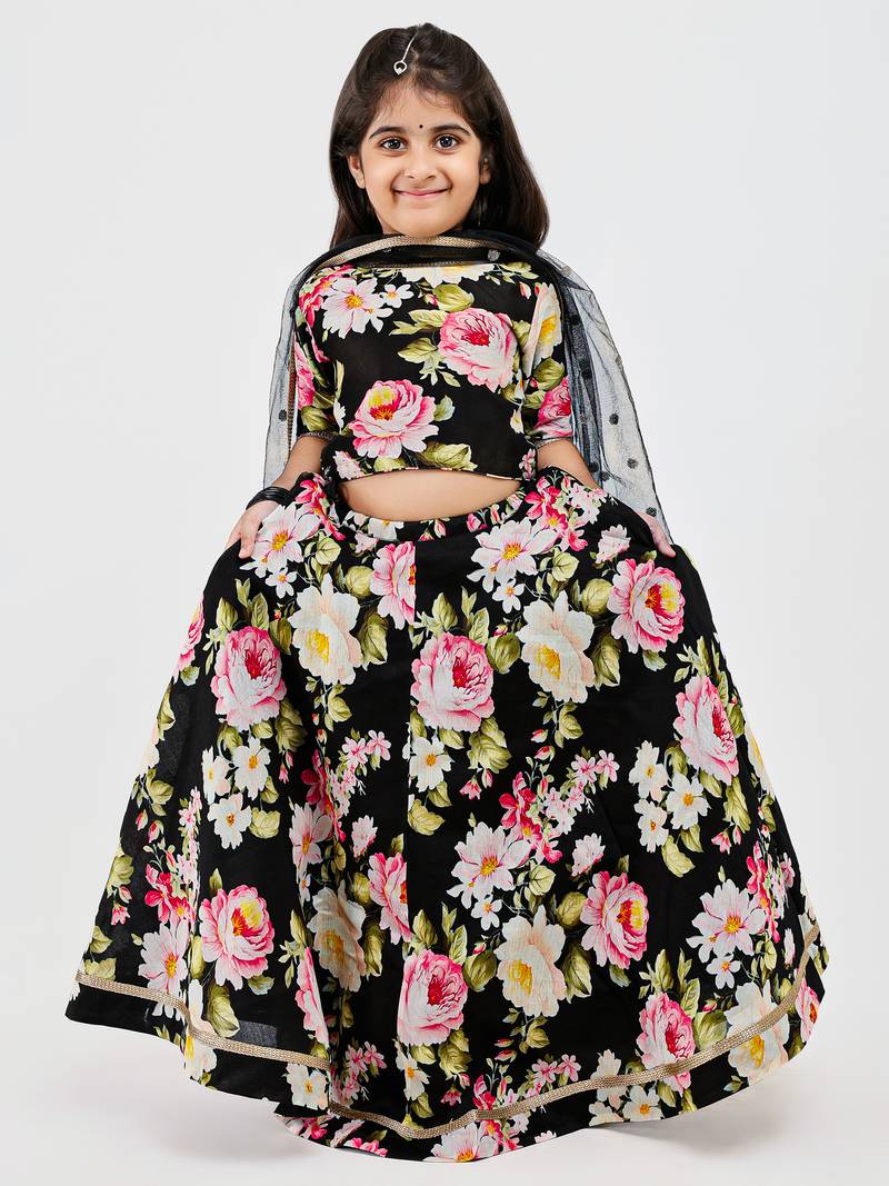 Black floral printed chanderi lehenga