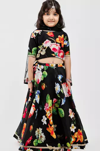 Black floral printed chanderi lehenga