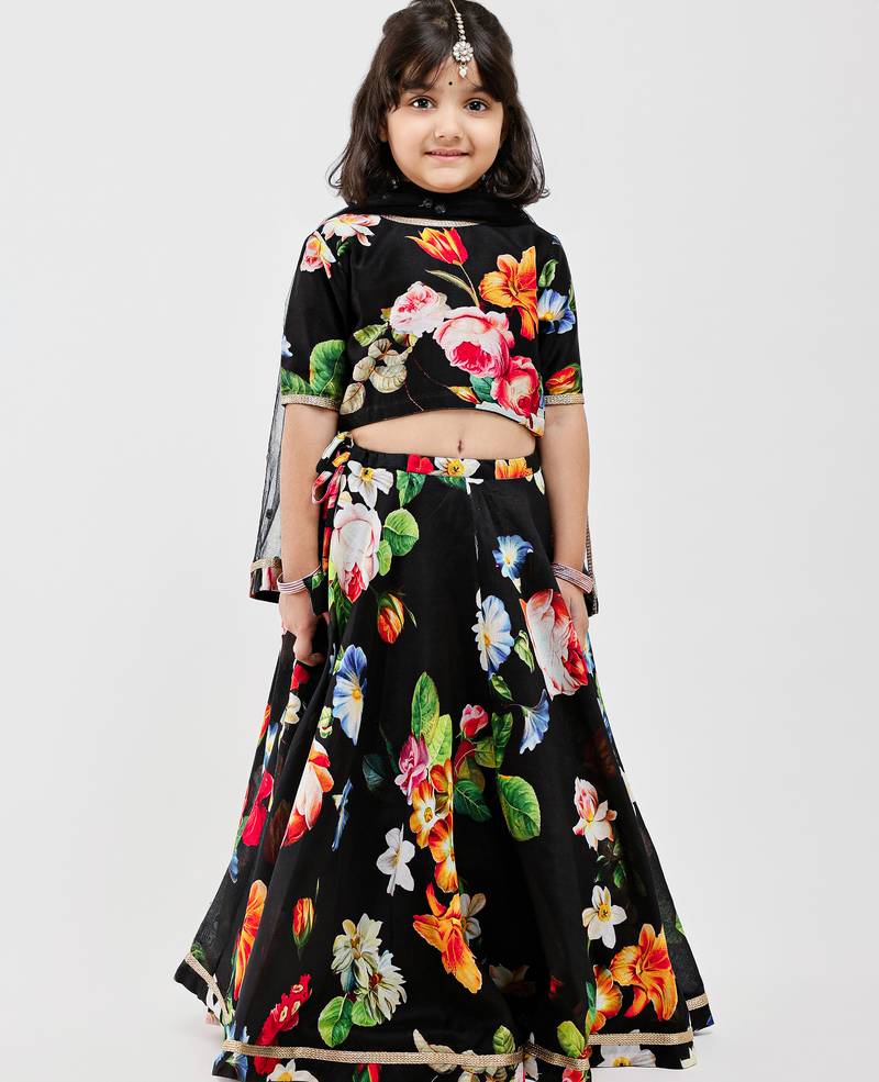Black floral printed chanderi lehenga