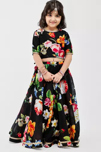 Black floral printed chanderi lehenga