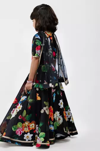 Black floral printed chanderi lehenga