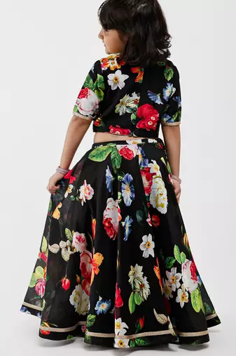 Black floral printed chanderi lehenga