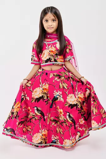 Pink floral printed chanderi lehenga