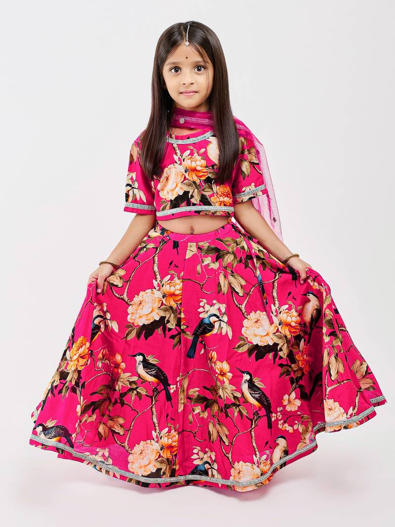 Pink floral printed chanderi lehenga