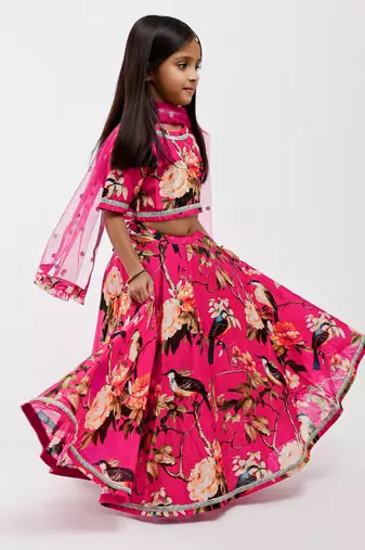 Pink floral printed chanderi lehenga