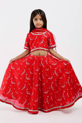 Red animal printed chanderi lehenga