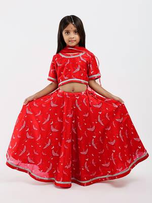Red animal printed chanderi lehenga 1
