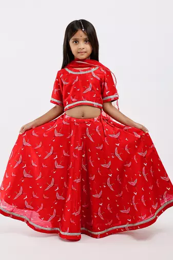 Red animal printed chanderi lehenga
