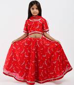 Red animal printed chanderi lehenga