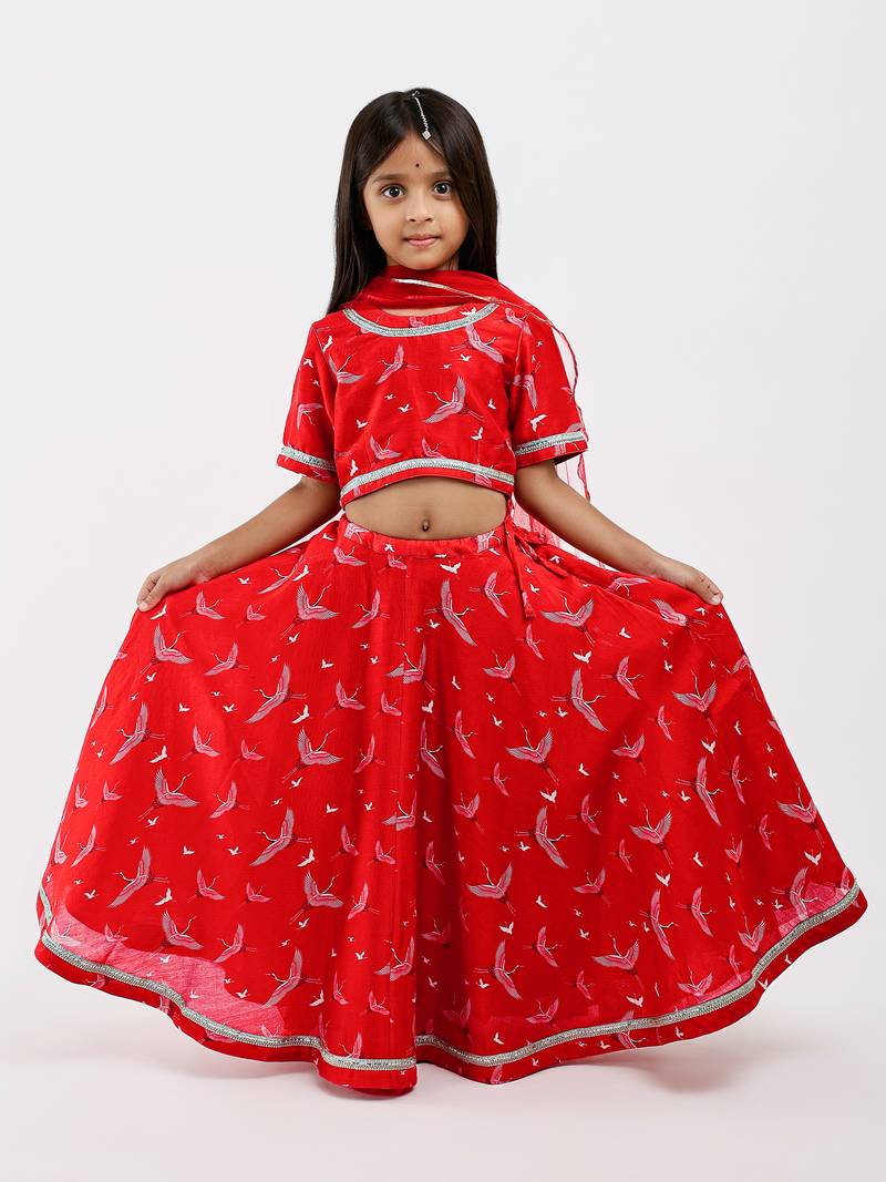 Red animal printed chanderi lehenga