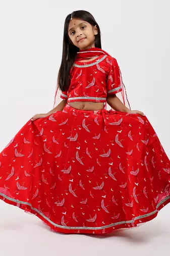 Red animal printed chanderi lehenga