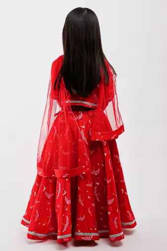 Red animal printed chanderi lehenga
