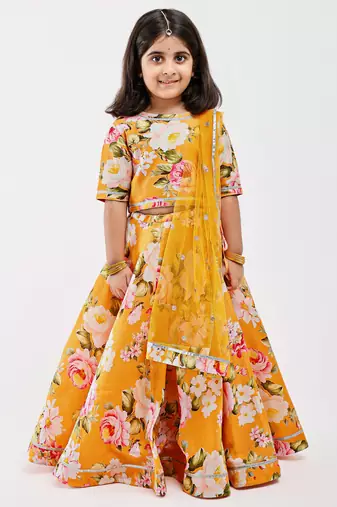 Yellow floral printed chanderi lehenga