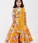 Yellow floral printed chanderi lehenga