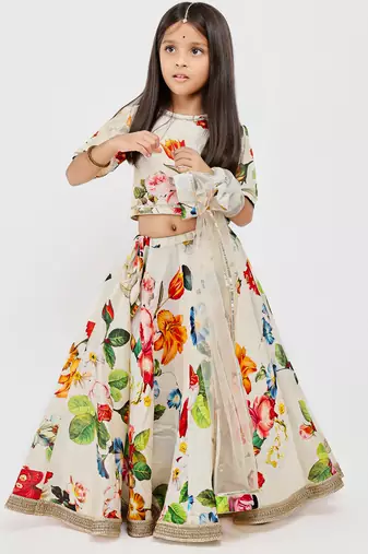 White floral printed chanderi lehenga