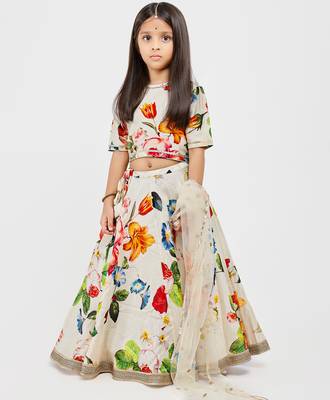 White floral printed chanderi lehenga 1