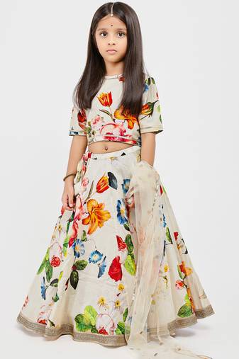 White floral printed chanderi lehenga