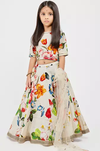 White floral printed chanderi lehenga