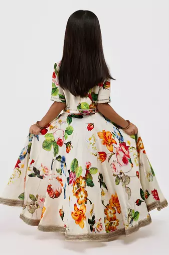 White floral printed chanderi lehenga