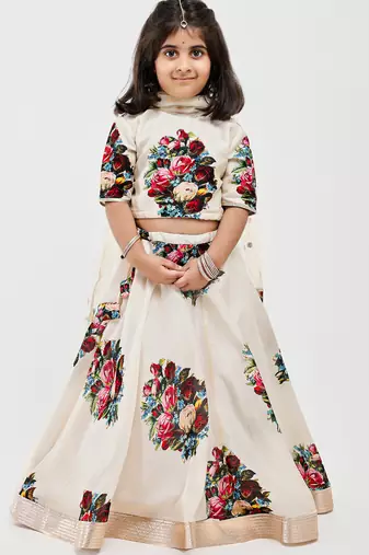 White floral printed chanderi lehenga