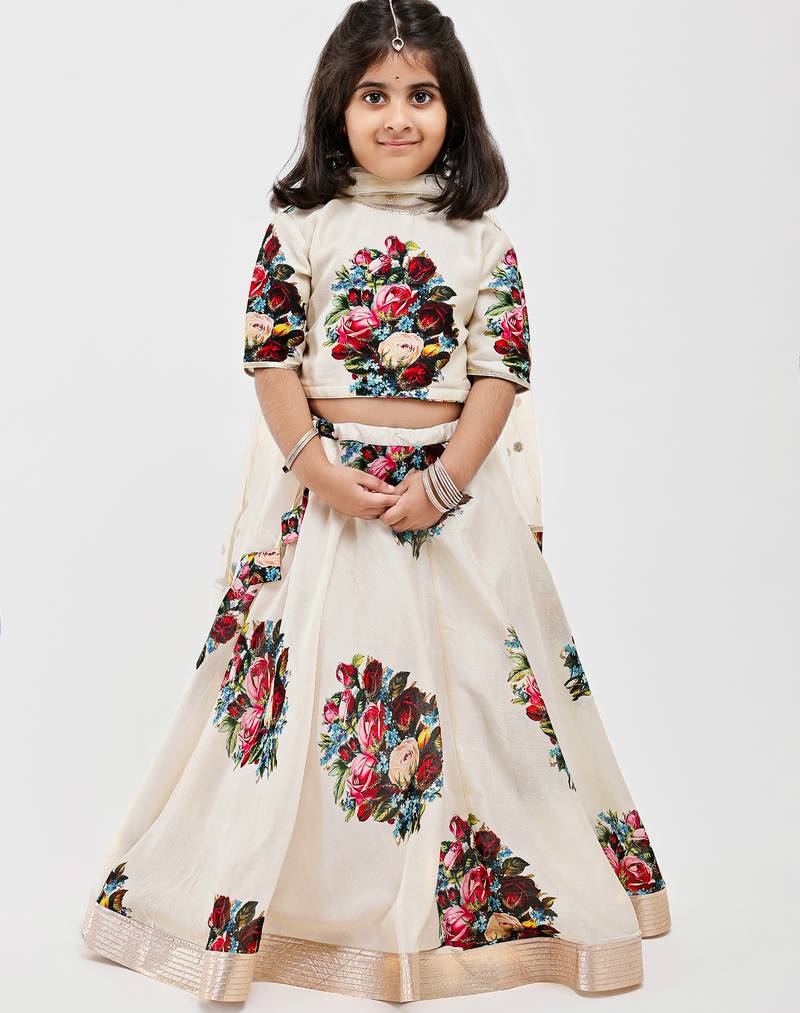 White floral printed chanderi lehenga