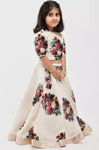White floral printed chanderi lehenga