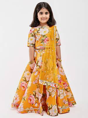 Yellow floral printed chanderi lehenga 3