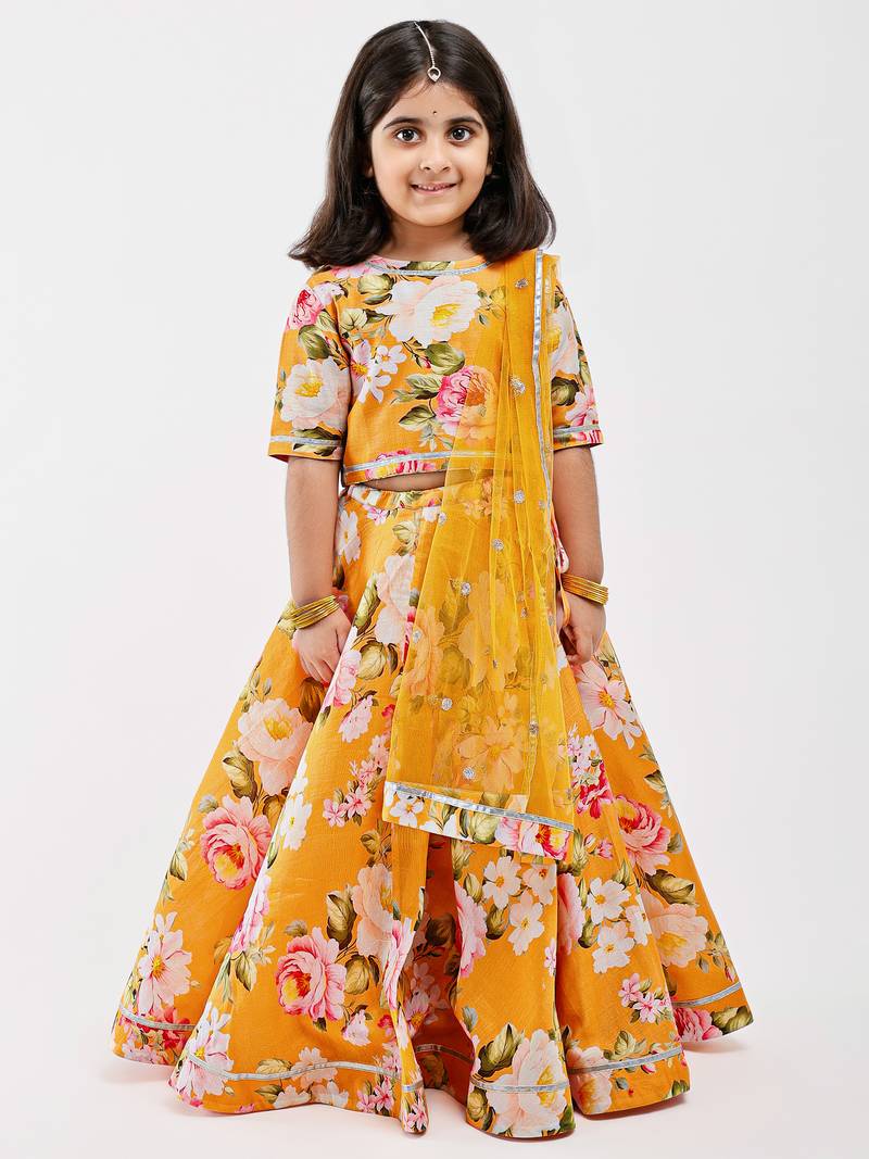 Yellow floral printed chanderi lehenga