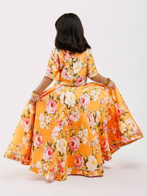 Yellow floral printed chanderi lehenga 4