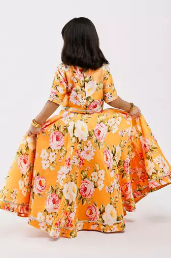 Yellow floral printed chanderi lehenga
