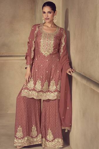 Brown real chinon digital print plazzo suit