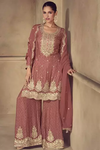 Brown real chinon digital print plazzo suit