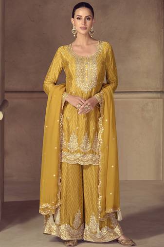 Yellow real chinon digital print plazzo suit