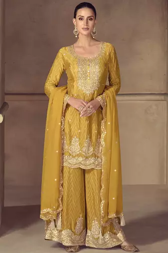 Yellow real chinon digital print plazzo suit