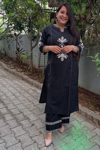 Black Embroidered South Cotton Kurta and Pant Set