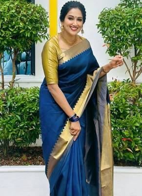 Blue color silk blend saree with blouse 1