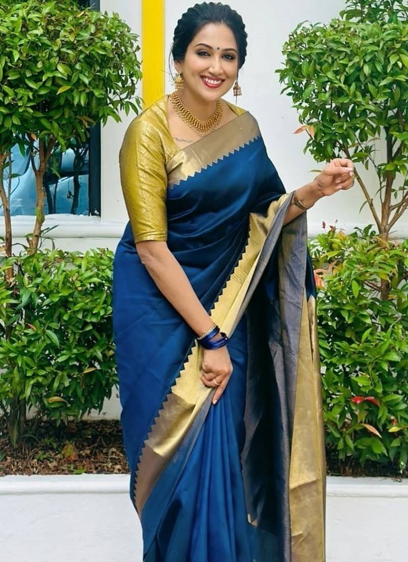 Blue color silk blend saree with blouse