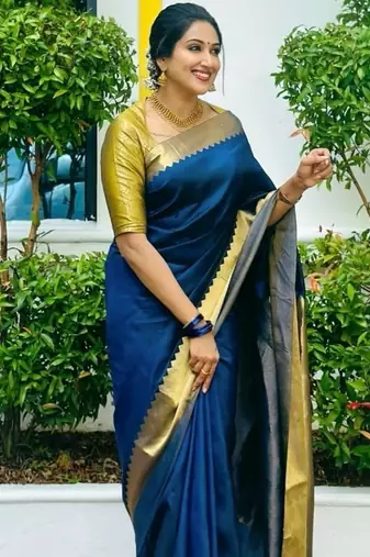 Blue color silk blend saree with blouse