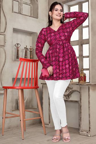Pink printed v-neck long sleeve top in delta silk     elegant everyday wear
