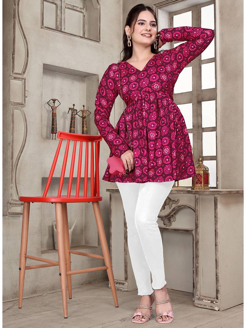 Pink printed v-neck long sleeve top in delta silk     elegant everyday wear