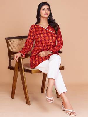 Vibrant red-orange digital printed delta silk v-neck full sleeve top for women 1