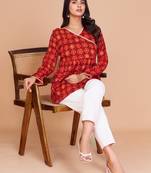 Vibrant red-orange digital printed delta silk v-neck full sleeve top for women